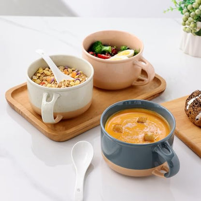 GBhome Ceramic Soup Mugs with Handles and Lids,24 OZ Soup Cups Set of 2 | Terracotta Underside,Mug Bowls with Spoon for Soup/Cereal/Salad/Noodles/Ramen/Microware &Dishwasher Safe-White &Peach - color: White &Peach