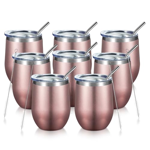COMOOO Rose Gold Stainless Steel Wine Tumbler Bulk with Lid and Straw 12oz Double Wall Vacuum Insulated Tumbler Cup Stemless for Hot and Cold Drinks, Coffee, Wine, Cocktails Rose gold, 8 Pack - color: Rose Gold