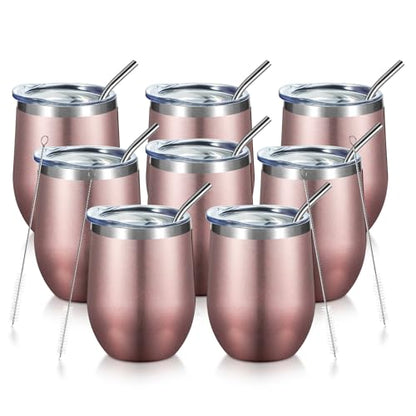 COMOOO Rose Gold Stainless Steel Wine Tumbler Bulk with Lid and Straw 12oz Double Wall Vacuum Insulated Tumbler Cup Stemless for Hot and Cold Drinks, Coffee, Wine, Cocktails Rose gold, 8 Pack - color: Rose Gold
