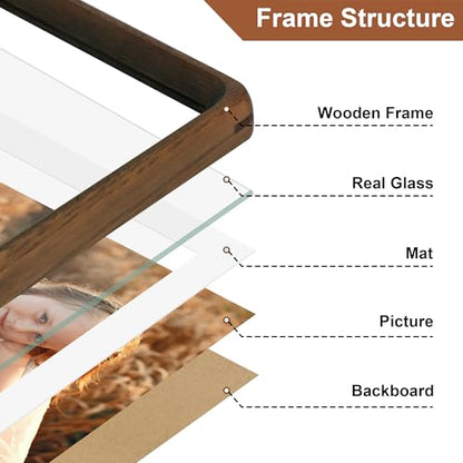 8x10 Picture Frame Set of 2, Natural Walnut Wood Solid Wood 8 by 10 Photo Frames with 5x7 Mat with Real Glass for Wall and Tabletop Display - color: Natural Walnut, size: 8x10-2Pack