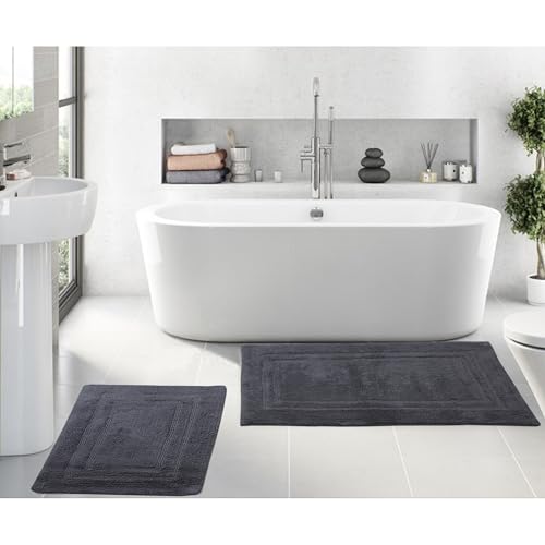 Home Weavers Luxury Collection 100% Cotton Reversible Bathroom Rugs Set, Washable Rug, Soft Cotton Extra Soft and Absorbent Bath Rug, Kitchen Mat, 2 Piece Set(S+L), Gray - color: Grey, size: 2 Piece Set(S+L)