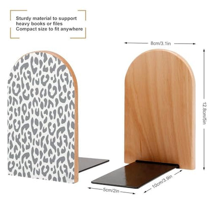 Personalized Wood Book Ends Metal Base Gray Leopard Print Pattern Printing Bookend Modern Heavy Duty Bookends for Home Or Office 1 Pair - color: Gray Leopard Print Pattern