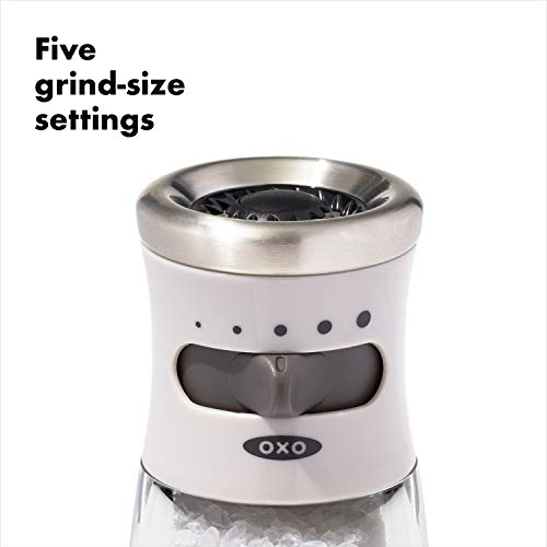 OXO Good Grips Contoured Salt Grinder with Adjustable Ceramic Mill | Adjustable Ceramic Grind, 5 Grind Settings, Refillable, Mess-Free Cap, Non-Slip Grip, Salt or Pepper Grinder, Easy to Use - color: Stainless Steel, style: Salt Grinder
