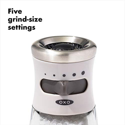 OXO Good Grips Contoured Salt Grinder with Adjustable Ceramic Mill | Adjustable Ceramic Grind, 5 Grind Settings, Refillable, Mess-Free Cap, Non-Slip Grip, Salt or Pepper Grinder, Easy to Use - color: Stainless Steel, style: Salt Grinder