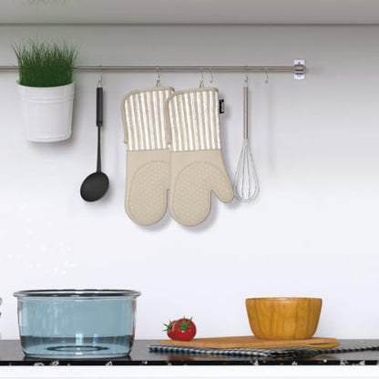 Alselo Silicone Oven Mitts Heat Resistant 932℉ with Waterproof & Non-Slip | Kitchen Mittens Set of 2,Extra Long 7.5"x15" Oven Gloves with Soft Cotton Terry Lining for Baking Cooking BBQ (Khaki,2) - color: Khaki