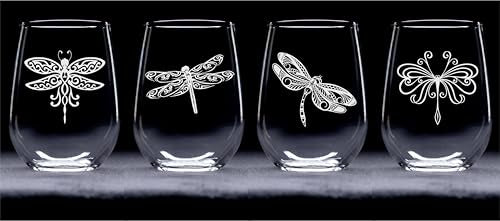 C M Dragonfly Stemless Wine Glass Set, 4 Pieces, 17 oz | Dragonfly Themed, For Women and Men, Gift