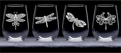 C M Dragonfly Stemless Wine Glass Set, 4 Pieces, 17 oz | Dragonfly Themed, For Women and Men, Gift