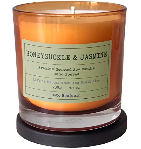 100% Natural Soy Wax Candle by CoCo Benjamin - Highly Scented & Hand-Poured Luxury Candle (Honeysuckle & Jasmine)- Clean Burning Cotton Wick - style: Honeysuckle & Jasmine (Cotton Wick)