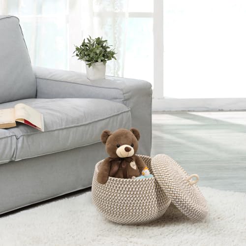 Storage Basket with Lid, 8"x6" Round Woven Blanket Storage for Living Room, Decorative Cotton Rope Hamper with Zipper Top, Wicker Basket with Lid, Floor Covered Kids Dog Toy Bin
