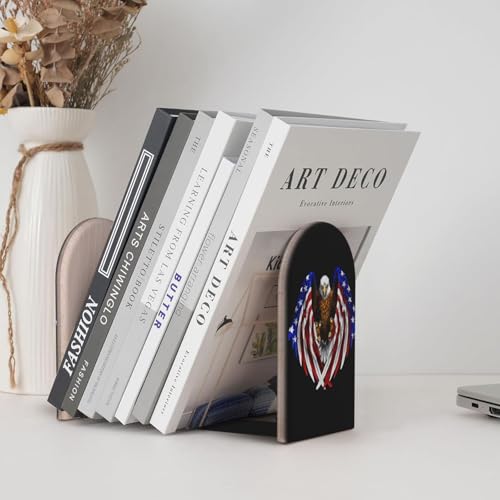 USA Flag Patriotic Eagle Print Bookends Shelves – Wooden Sturdy Book Holders, Storage for Home Office, Protective Desktop Accessories