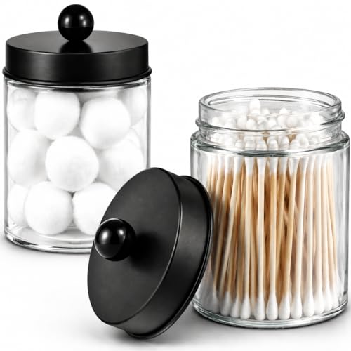 Amolliar Apothecary Jar Qtip Holder w/Metal Lid Glass,Glass, Black 2Pack | for Bathroom Vanity Storage, Countertop, Farmhouse Style, Holds Cotton Swabs, Dental Floss, Makeup Sponges - color: Black