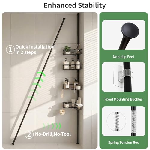 LEEDA Corner Shower Caddy Tension Pole, 4-Tier Adjustable Floor to Ceiling Bathroom Organizer， No-Drill Stand Storage Rack with Soap/Toothbrush Holder for Renters - 34-125 In Black
