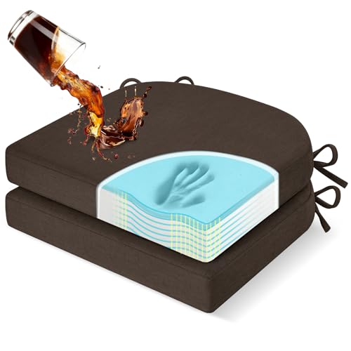 downluxe Chair Cushions for Dining Chairs, Memory Foam Linen Kitchen Chair Pads with Ties, Waterproof, Stain-Resistant and Washable Cover, 17" x 16" x 2.5", Brown, 2 Pack - color: Brown, size: Pack of 2