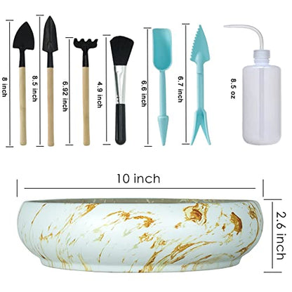 ARTKETTY Bonsai Pots, 10 Inch Large Succulent Pots with Drainage Stand | Ceramic Plant Pots with 2.2lb Mix Pebbles, Planting Tools Set for Beginner, Shallow Planters for Indoor Cactus Flower Plants - color: White&golden With Tools