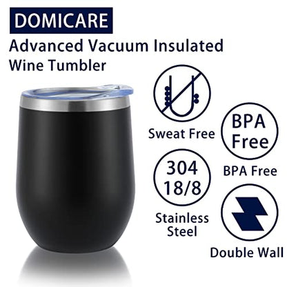 DOMICARE Stainless Steel Wine Tumbler Bulk with Lid, Personalized Insulated Tumblers Set, 12oz Travel Coffee Cups Pack of 1, Black - color: Black, size: 1 Count (Pack of 1)