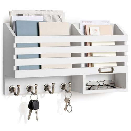 FifthQuarter Mail Holder Wall Mount with 2 Mail Slot and 4 Sturdy Hooks | Cute Rustic Farmhouse Wooden Wall Mail Holder, Reliable Entryway Organizer for Keys and Mails, Easy Installation，C-White - color: C-White