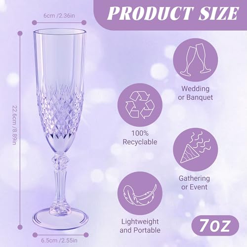 12 Pack Plastic Champagne Flutes, Purple Reusable Champagne Glass | Unbreakable Hard Plastic Mimosa Cups Bulk with Stem, Fancy Stemware for Wedding, Party & NYE Celebration - color: Purple