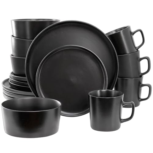 Elama Luxmatte Modern and Contemporary Stoneware Dinnerware Set in Matte, Service for 4 (16, Black) - color: Black