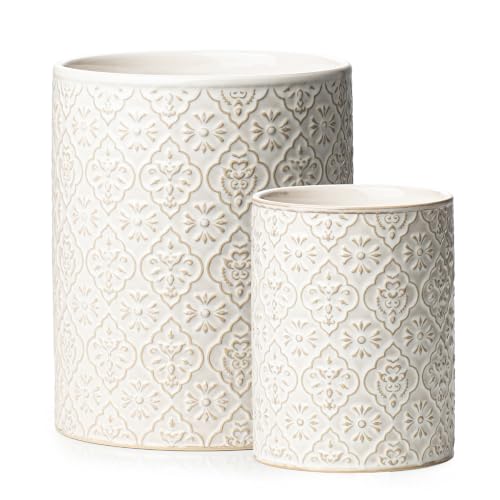 Utensil Holder Set of 2, 7.3”+5.2”Ceramic Utensil Crock Organizer | Farmhouse Countertop Storage, Embossed Pattern - color: Off-White Set of 2