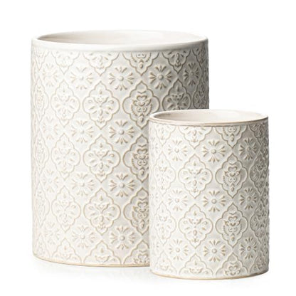 Utensil Holder Set of 2, 7.3”+5.2”Ceramic Utensil Crock Organizer | Farmhouse Countertop Storage, Embossed Pattern - color: Off-White Set of 2