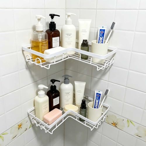 Shower Caddy 2 Pack, Adhesive No Drilling Corner Shower Shelf, Rustproof Bathroom Organizer with Hooks - color: White, size: 2-Pack