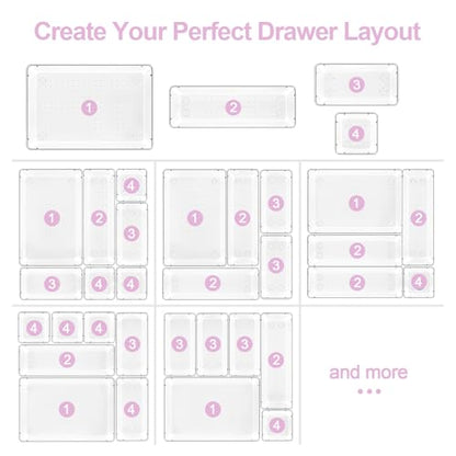 25 Pcs Makeup Drawer Organizer Set, 4 Sizes Versatile Bathroom and Vanity Drawer Organizer for Makeup, Non-Slip Desk Organizer Trays for Bedroom, Office, Fits Jewelry and Office Supplies - size: 25Pack