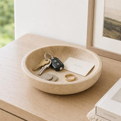 Natural Travertine Decorative Bowl for Coffee Table – 7.8”Handmade Beige Stone Fruit Bowl, Key Bowl for Entryway Table, Modern Catchall Tray, Vanity Jewelry Dish, Rustic Home Decor Centerpiece