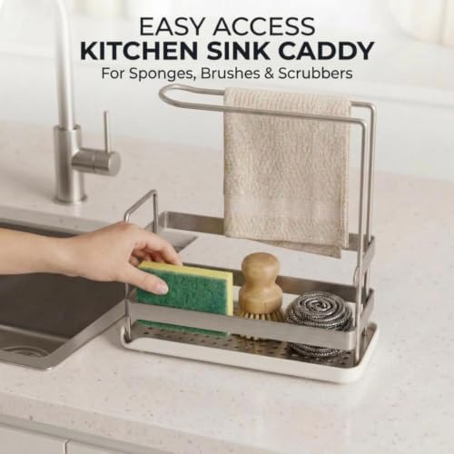 Kitchen Sink Caddy,Sponge Dish Brush Holder Brushed Nickel | Carbon Steel, Towel Rack & Removable Drain Tray, Sponge & Brush Organizer, Compact Sink Storage, Fits Standard Kitchen Sink
