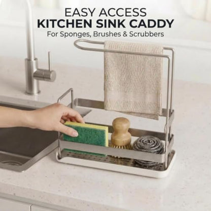 Kitchen Sink Caddy,Sponge Dish Brush Holder Brushed Nickel | Carbon Steel, Towel Rack & Removable Drain Tray, Sponge & Brush Organizer, Compact Sink Storage, Fits Standard Kitchen Sink