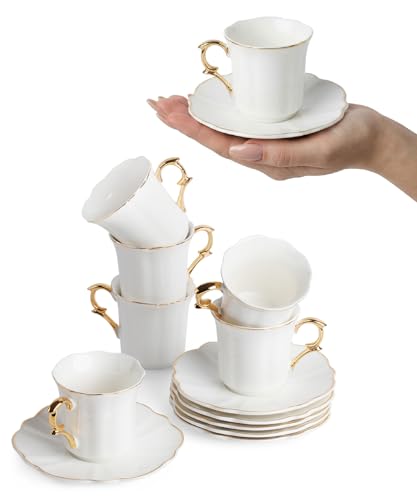 BTaT- Porcelain Espresso Cups Set, 3 oz, 6 Set, Small Coffee Mugs | Elegant White Cups Saucers Gold Trim Espresso Set Greek Arabic Turkish Coffee Gift Use - color: White, size: Set of 6