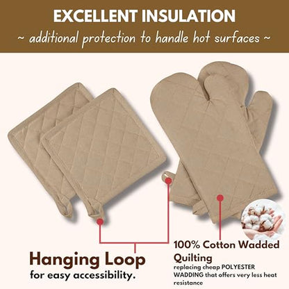 Native Fab Pot Holders and Oven Mitts Sets for Kitchen Heat Resistant- Hanging Non-Slip - 100% Cotton Oven Mitts and Pot Holders 4-Piece Set- Beige - color: Beige