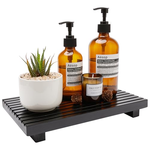 Black Bathroom Counter Tray Organizer Wood Riser Stand Kitchen Soap Holder | Rustic Countertop Trays Wooden Pedestal Display Dish Soap Dispenser Holder for Bathroom Decor Sink Accessories Vanity Tray - color: Black, size: 12x6.7 inch