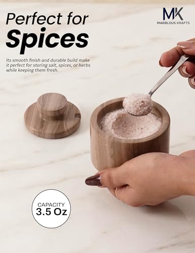 Marble Salt Cellar with Lid & Spoon 3" Brown Small Flaky Salt Box and Sugar Jar for Spice Storage on Countertop, Kitchen Seasoning Container - color: Natural Brown