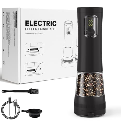 Electric Salt and Pepper Grinder, Rechargeable Automatic Pepper Mill with Base,5-Level Adjustable Coarseness, Display, LED Lighting, Large Capacity-Ideal for Kitchen, BBQ Gifts (1, Black-A) - color: Black-A