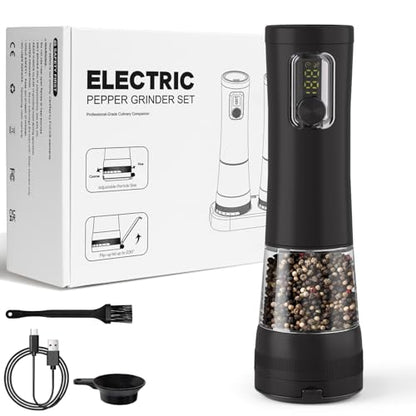 Electric Salt and Pepper Grinder, Rechargeable Automatic Pepper Mill with Base,5-Level Adjustable Coarseness, Display, LED Lighting, Large Capacity-Ideal for Kitchen, BBQ Gifts (1, Black-A) - color: Black-A
