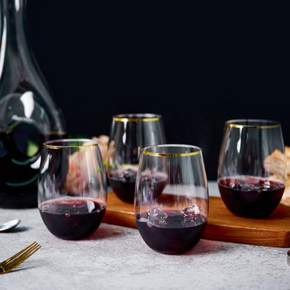 FOCUSLINE 20pcs 16 Oz Plastic Wine Glasses, Stemless Gold Rim, Heavy Duty Disposable Drinking Cups, Reusable Shatterproof for Party & Wedding | Thick and Durable, Shatter-Resistant, and Reusable; Ideal for Weddings, Parties, Toasts, and Various Celebratio