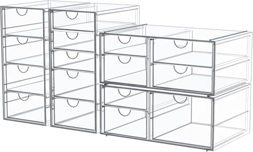 4-Pack Acrylic 16-Drawer Storage & Makeup Organizer for Desk | Smooth-glide drawers, clear acrylic, stackable, dustproof, wipe clean, for office supplies, pens, jewelry, makeup - size: 16 Drawers