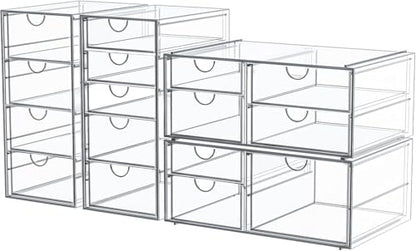 4-Pack Acrylic 16-Drawer Storage & Makeup Organizer for Desk | Smooth-glide drawers, clear acrylic, stackable, dustproof, wipe clean, for office supplies, pens, jewelry, makeup - size: 16 Drawers