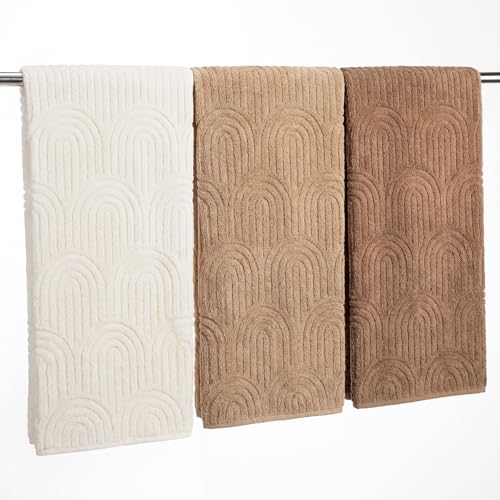 Tegeme 3 Pcs Decorative Hand Towel for Bath Boho Arch Striped Cotton Hand Towels Farmhouse Beige Tan Brown Soft Absorbent Towel Bath Decor for Fall Thanksgiving Kitchen Gift - color: White, Khaki, Brown