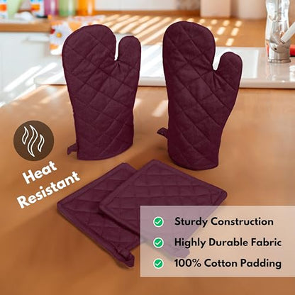 Native Fab 4 Piece Set - 2 Oven Mitts & 2 Potholders, Heat Resistant, 100% Cotton, Quilted Design, Non-Slip Grip, Machine Washable, Ideal for Baking, Cooking, BBQ, Kitchen Protection - Burgundy Wine - color: Burgundy Wine