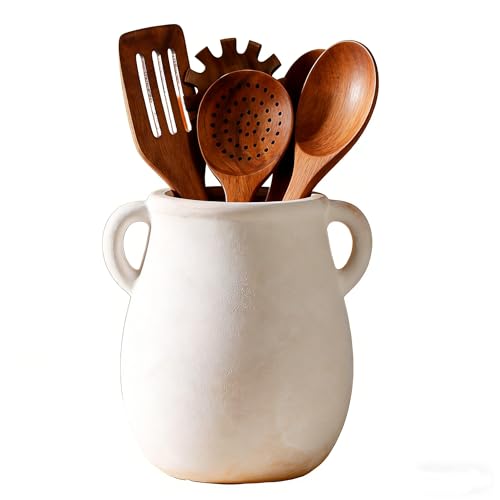 Rustic Kitchen Utensil Holder, Ceramic Utensil Crock for Kitchen Counter | Farmhouse Spatula Organizer for Countertop, Vintage Crock Decor, Ideal Housewarming Gift (White) - color: White