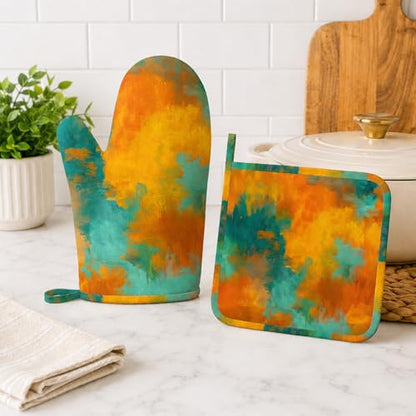 Blue Gold Marble Oven Mitt and Pot Holder with Silicone Heat Resistant Kitchen for Cooking BBQ Baking Grilling Cooking Protection - color: Blue Gold Marble