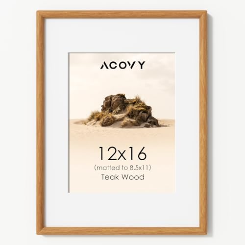 Acovy 12x16 Picture Frame, Natural Solid Teak Wood 12"x16" Photo Frame for Wall, Handcrafted Wooden Frame 12 x 16 Matted to 8.5x11, High Definition Tempered Glass, Wall Hook Included, Natural Teak - color: Teak, size: 12"x16"