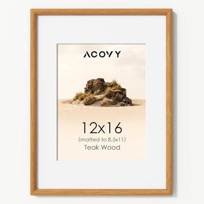 Acovy 12x16 Picture Frame, Natural Solid Teak Wood 12"x16" Photo Frame for Wall, Handcrafted Wooden Frame 12 x 16 Matted to 8.5x11, High Definition Tempered Glass, Wall Hook Included, Natural Teak - color: Teak, size: 12"x16"