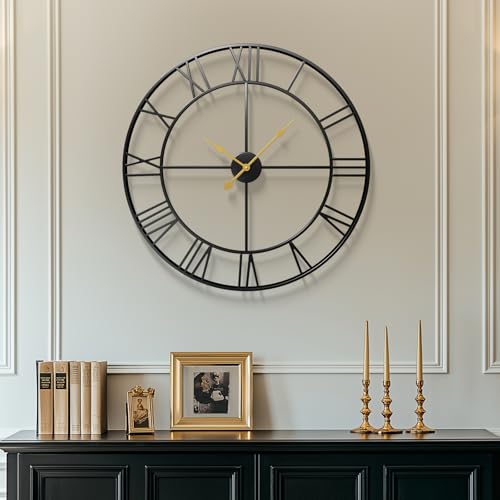 Cuspin Large Wall Clock 30 Inch Clocks for Living Room Decor, Black Metal Roman Numeral Wall Clock, Silent Non Ticking Battery Operated Decorative Round Clock for Entryway, Dining Room, Office - color: Black Roman Number, size: 30 Inch