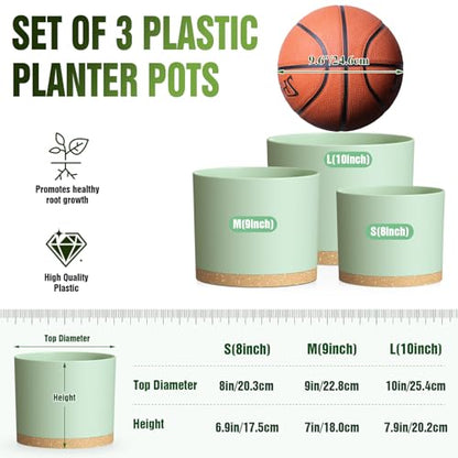 10/9/8 Inch Plant Pots 3 Pack, with Drainage Hole & Saucers | Cylindrical plastic planters with drainage holes & saucers. Modern matte finish, lightweight & durable for indoor/outdoor use - color: Matte Green&brown