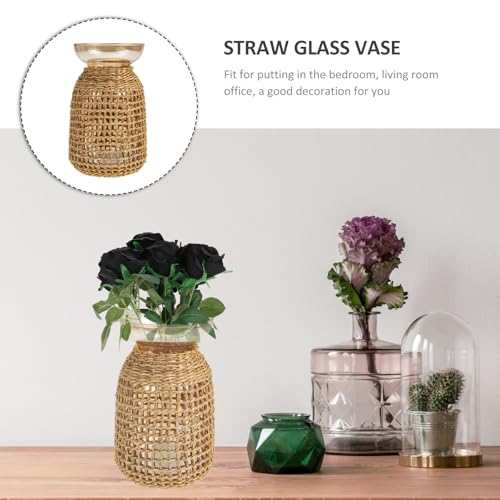 Ipetboom Rattan Cover Small Glass Flower Vase Amber Inner Bottle Decorative Straw Holder for Desktop Flower Arrangement Home Living Room Décor