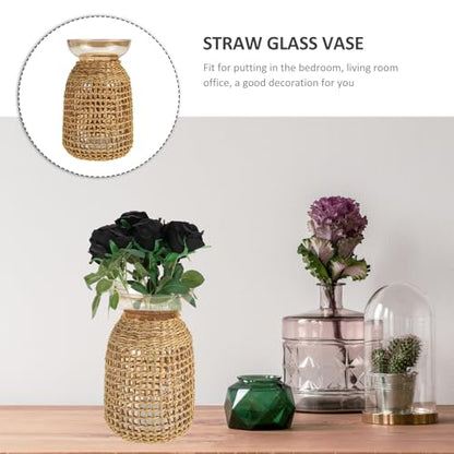Ipetboom Rattan Cover Small Glass Flower Vase Amber Inner Bottle Decorative Straw Holder for Desktop Flower Arrangement Home Living Room Décor