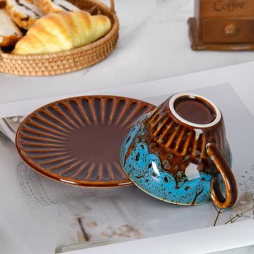 2 oz Espresso Cups Set of 2, Ceramic Cappuccino Cups with Saucers, Durable Porcelain Tea Set & Modern Coffee Cup Collection, Coffee Lover Gifts