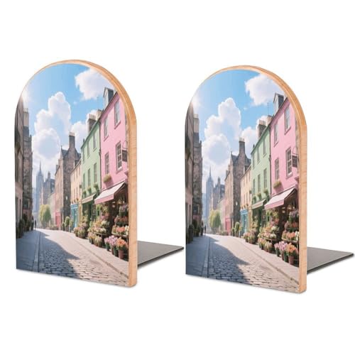 Personalized Wood Book Ends Metal Base Colorful Town Street Scene Printing Bookend Modern Heavy Duty Bookends for Home Or Office 1 Pair - color: Colorful Town Street Scene